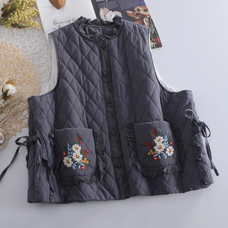 Fall Winter Parka Plus Size Women's Clothing Middle Aged Sleeveless Jacket Fashion Argyle Pocket Floral Embroidered Quilted Vest