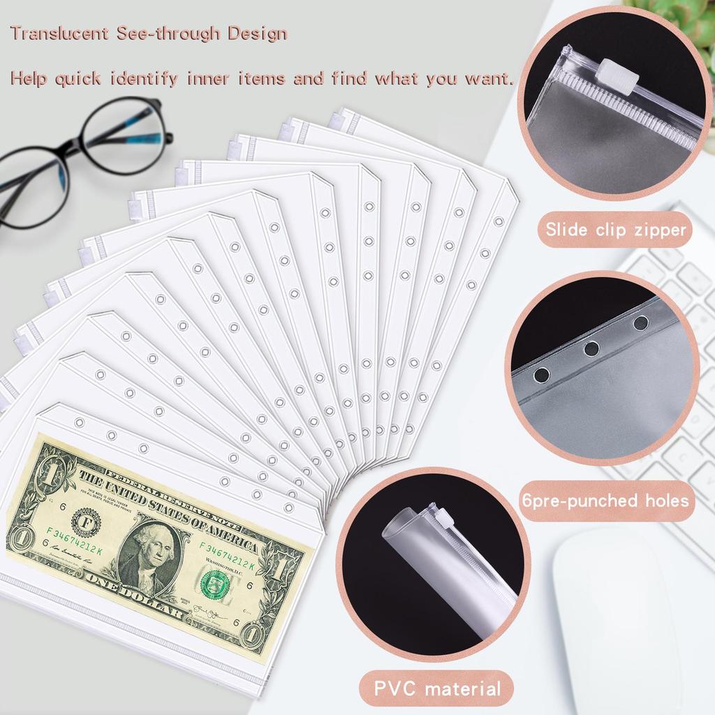 A6 Macaroon Leather Notebook Binder with 12 Refillable Zippered Pockets for Bills and Coins