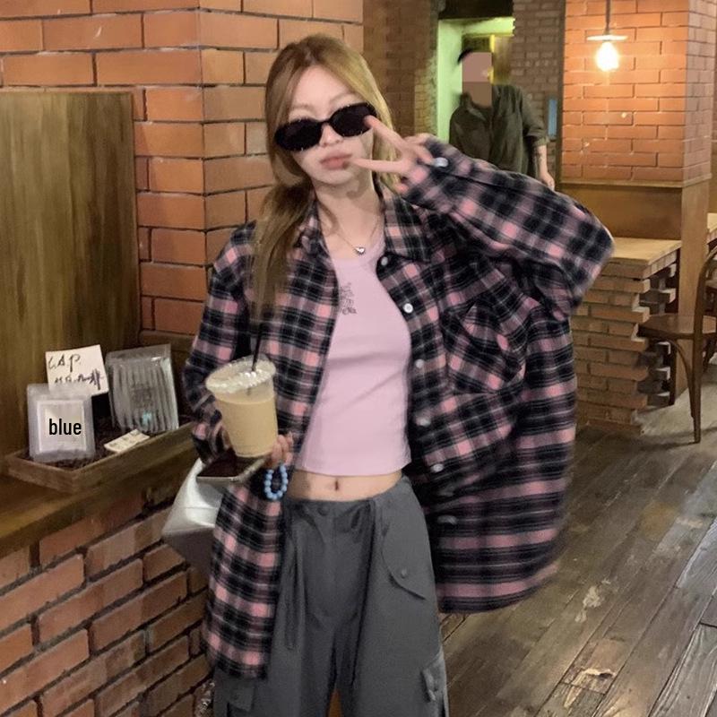 2024 Black & Pink Plaid Women's Shirt - Spring/Autumn Sunscreen Jacket, Korean-Style Niche Design