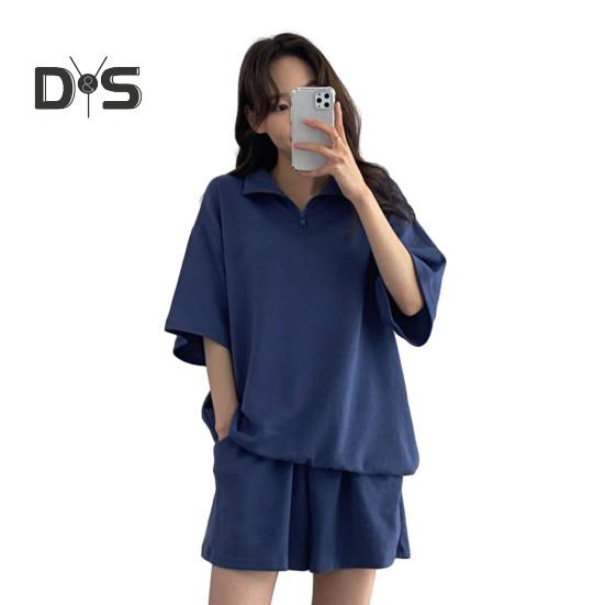 

2 шт./компл., комплект из толстовки и шорт, свободный однотонный комплект с лацканами и половиной рукавов, карманы с эластичной резинкой на талии, воротник на молнии, дышащий мягкий летний спортивный костюм M синий