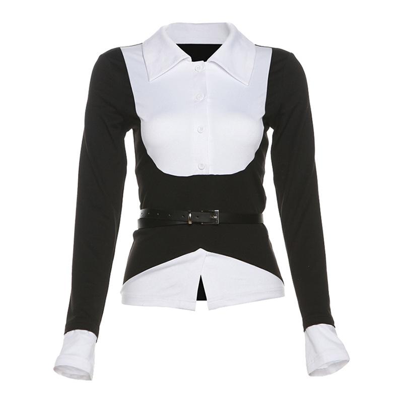 New Women's Solid Color Slim Fit Street Fashion Lapel Long Sleeved Fake Two-piece Top