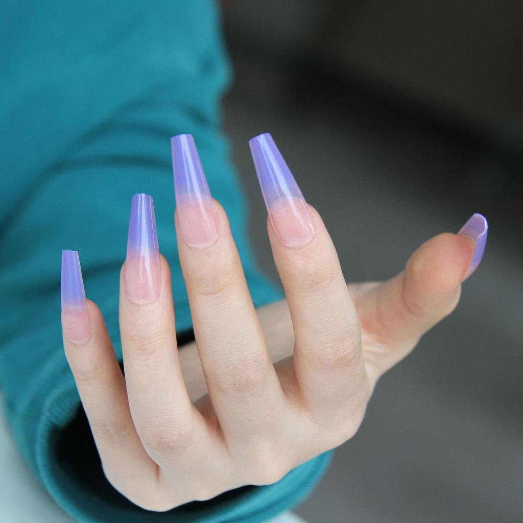 Artificial Nails Translucent Blue and Purple Gradient Wearable Fake Nails Manicure Patches