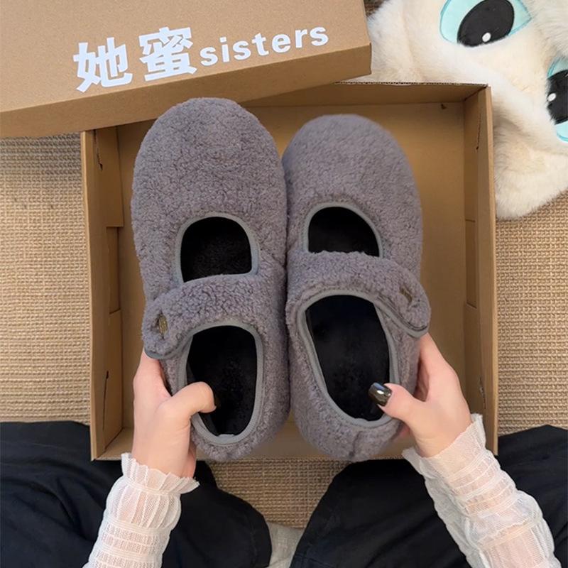 Klittenband grijze pluizige schoenen voor dames winterkleding nieuwe fluwelen enkele schoenen warme katoenen schoenen platte Mary Jane Doudou schoenen