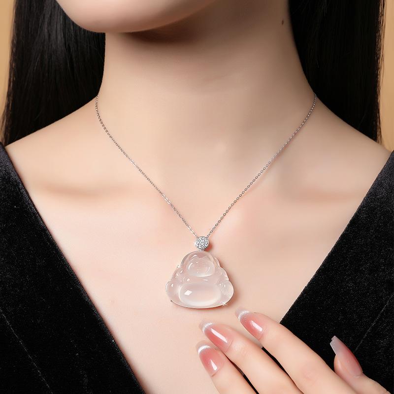 High Ice White Chalcedony Maitreya Buddha Necklace Women's Sterling Silver S925 New Chinese Guochao Buddha Male Clavicle Chain