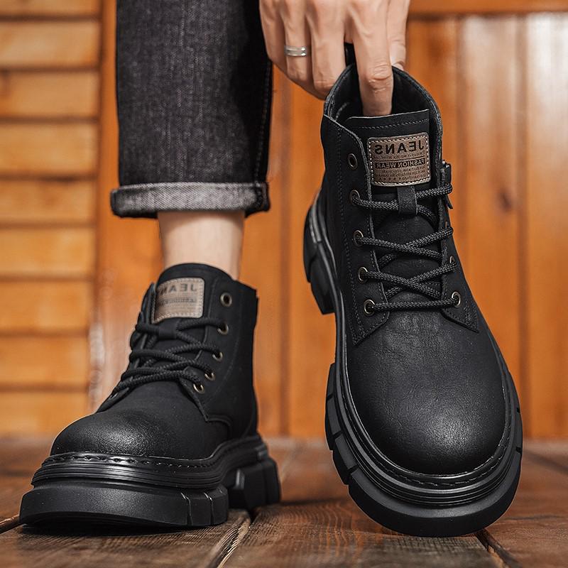 Men's 2024 Autumn/Winter High-Top Martin Boots - British-Style, Thick-Soled, Retro Work Boots with Soft Leather and Sole.