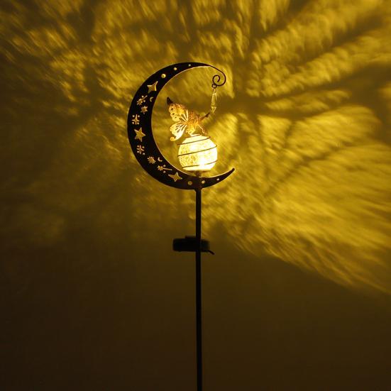 Fairy Moon Solar Garden Stake Light, Waterproof Half Moon LED Pathway Decor, Crackle Glass Ball LED Light, Metal Crescent Lamp for Outside Yard Patio