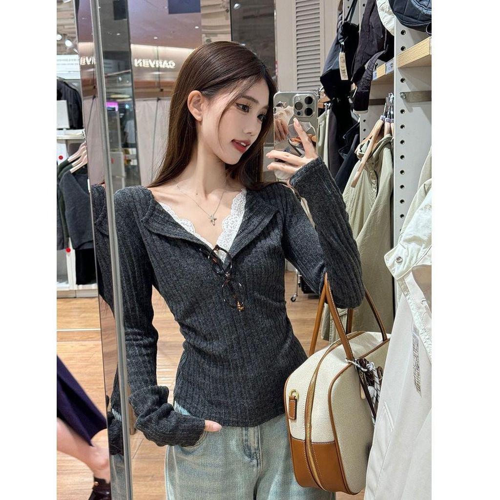 Gray Lace V-Neck Knit Top - Autumn/Winter Slim Fit Long Sleeve Base Layer