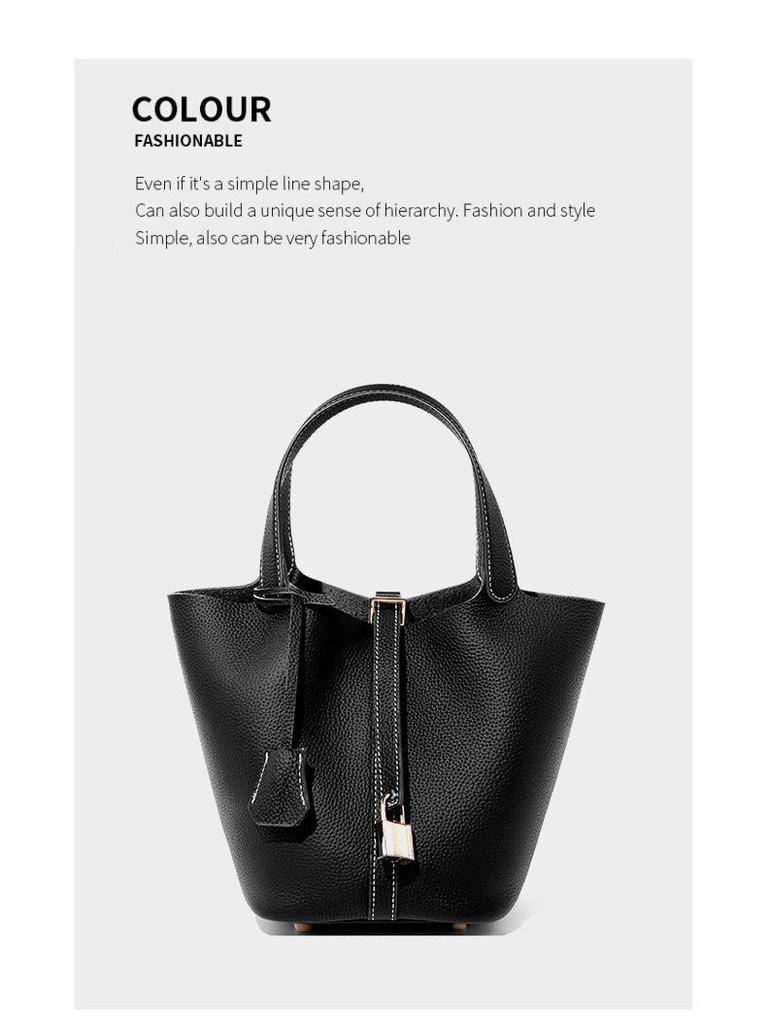 Women's Genuine Leather Bucket Bag - Top Layer Cowhide, Versatile Vegetable Basket Handbag