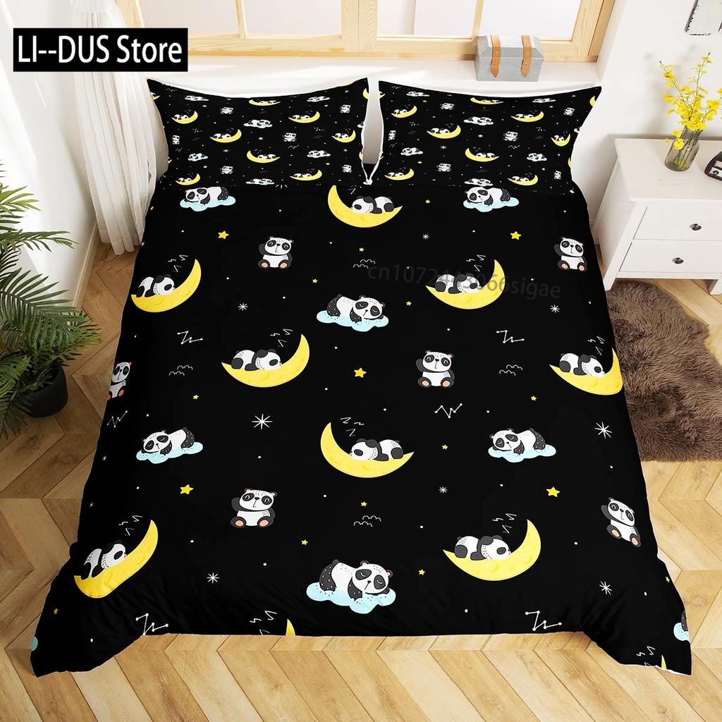 Panda Duvet Cover Set King Size Black And White Animal Comforter Cover With Pillowcases Starry Sky Blue Ultra Soft Quilt Cover