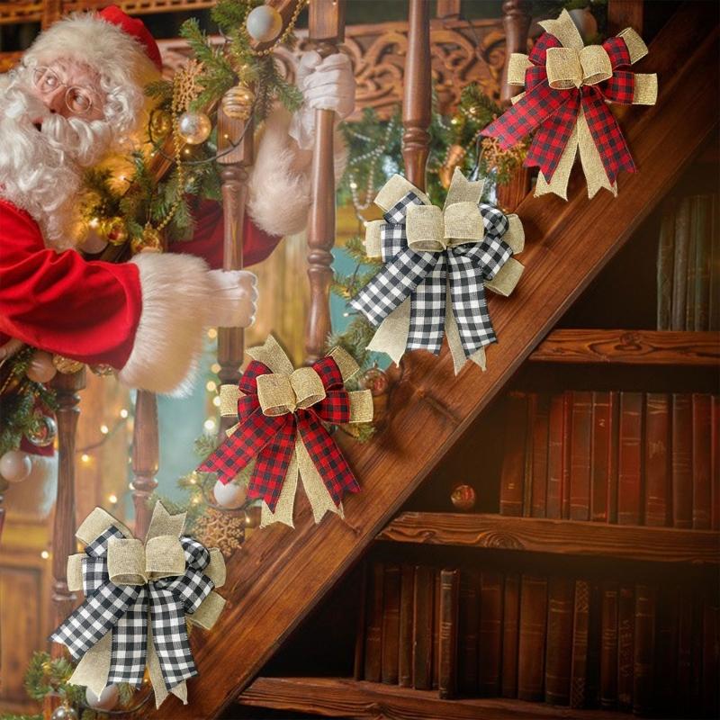 Layered Christmas Bowknot Set, 2-Pack Polyester Patterned Decorations with Concealed Back Tie for Wreaths, Gifts, and Mantels