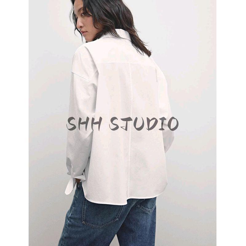 MD Spring and Summer Women's Clothing French Style Young Minimalist Asymmetric Hem Cotton Blend Long Sleeves Shirt 5135835