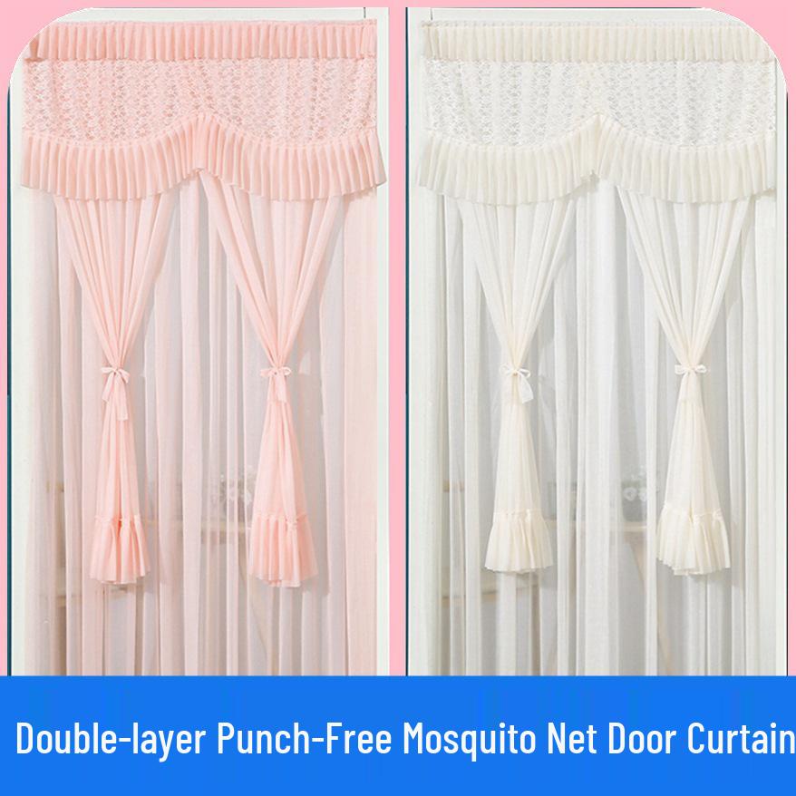 Lace Door Partition Curtain for Home – No-Drill, Double Layer, Transparent Gauze, Polyester, Anti-Mosquito.