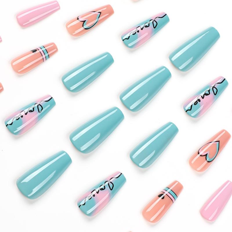 Wear nail long blue powder gradual change smudging love wear nail art finished nail piece press on nails