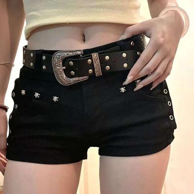Women's Black Denim Rivet Low-rise Slimming Shorts