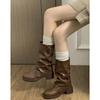 Retro Brown Western Cowboy Boots Slip-on Mid-calf Boots Knee-high Platform Thick Heel Women's Boots Designer Women's Shoes 2025