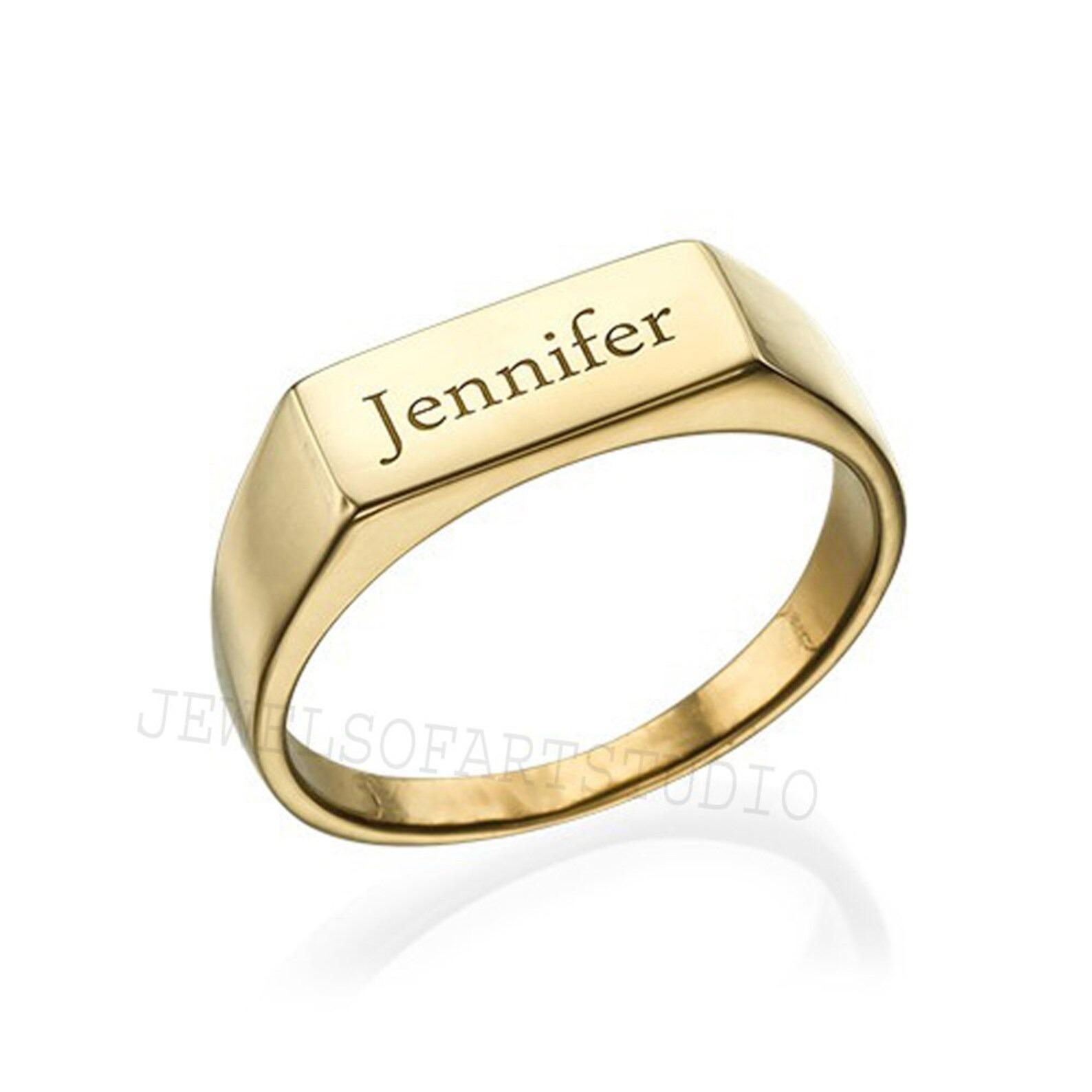 

Custom Name Ring: Delicate Stacking Bar, Sterling Silver Yellow Gold Overlay Engraved Gift 10 золотий