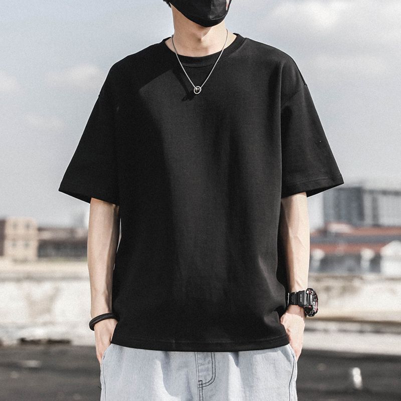 WTEMPO Brand Men's Solid Short Sleeve T-shirt Summer Loose Fashion Half Sleeve Top Breathable and Sweat-absorbing Round Neck Short Sleeve Pullovers