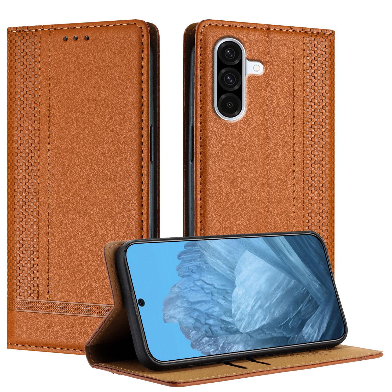 

For Samsung Galaxy A36 5G Case L-Shaped Grid Pattern Leather Stand Phone Cover with Card Slots Brown