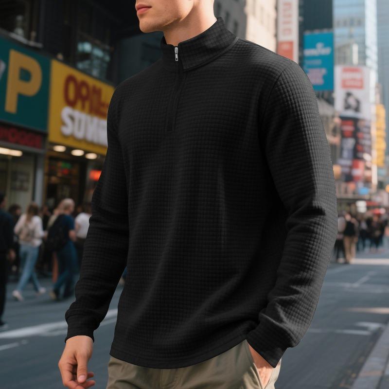 Men's Fashion Quarter Zip Small Plaid Sweatshirt, Stand Collar Long Sleeve Pullover for Spring Fall