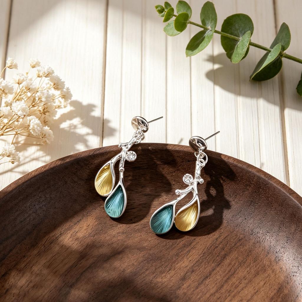 Popular Double Water Drop Hand Painted Enamel Color Earrings Diamond Alloy Earrings Daily Versatile Personality Temperament Earrings