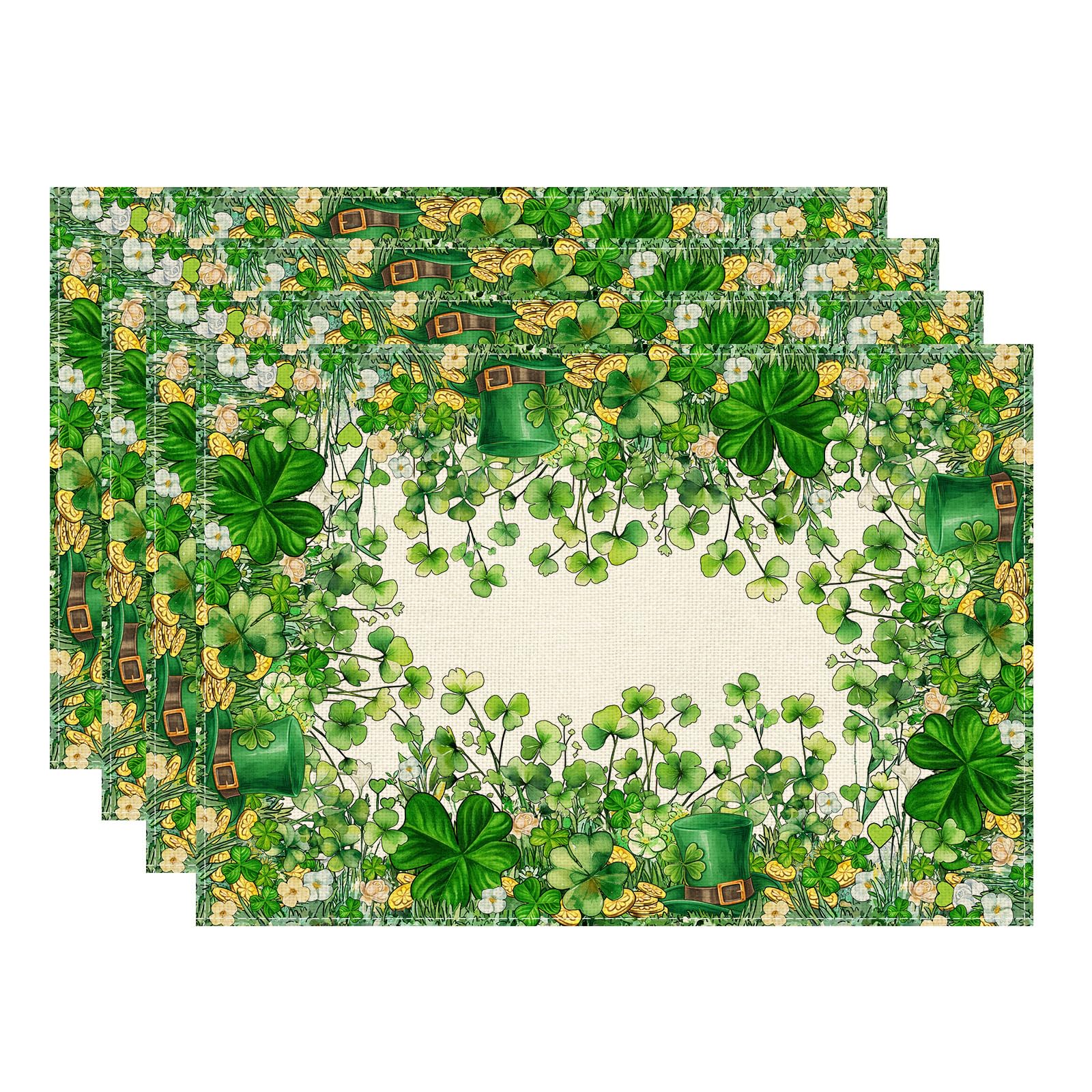 

Watercolor Green Hats Shamrocks Clovers Coins St. Patrick s Day Placemats Set of 4 Table Mats Placemats Set of 4 （12x18 Inch）