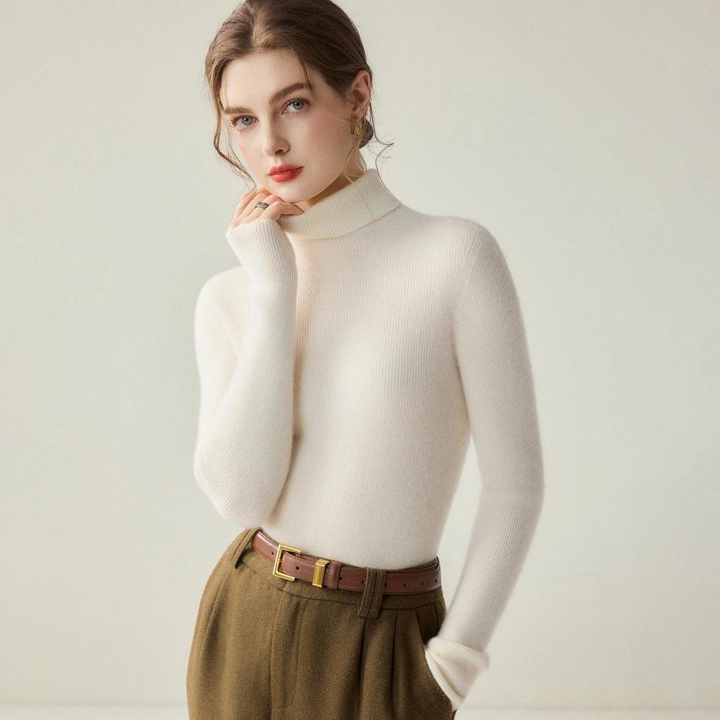 Women's 100% Cashmere Seamless High-Neck Slim-Fit Sweater - Solid Color Autumn/Winter Knitted Base Layer