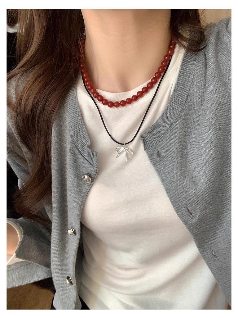 S925 Sterlingsilber Roter Achat Damen Halskette - Chinesisches Neujahr & Weihnachten Perlen Pulloverkette