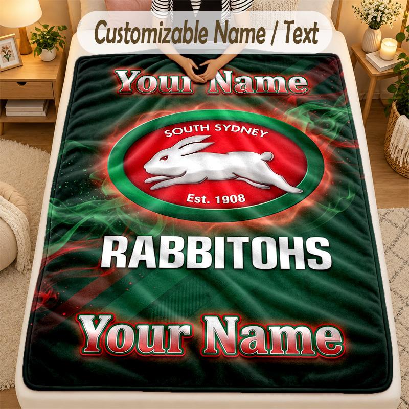 Flannel BlanketSouth Sydney Rabbitohs Custom Name Text Personalized Soft Warm Throw Blanket Home Decor Gift