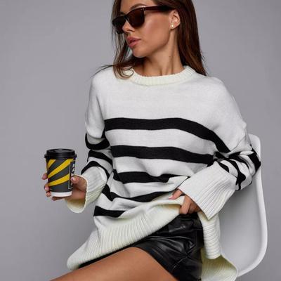 Fall Winter Casual Striped Knitted Pullover Women's Loose Round Neck Long-sleeved Sweater Jacket Comfortable Versatile Daily Outerwear