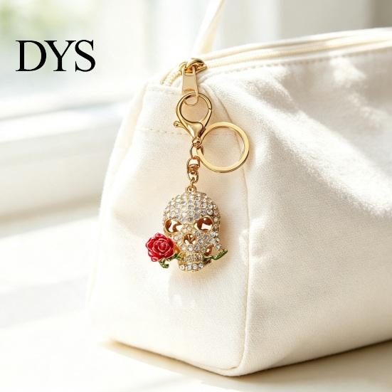 Gothic Style Keychain Holding Rose Rhinestone Skull for Halloween, Skeleton Pendant Head Key Ring, Chain Accessory Handbags Backpacks