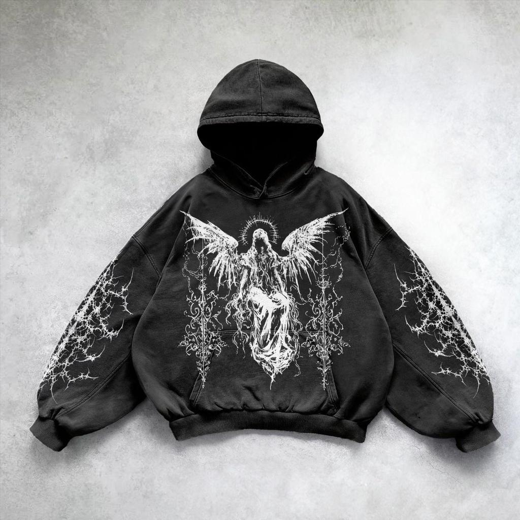 RogueWave Heavy Washed Man Hoodie Sweatshirt Y2k Gothic Clothes Retro Streetwear Pattern Women Pullover Casual Fashion for Men Harajuku