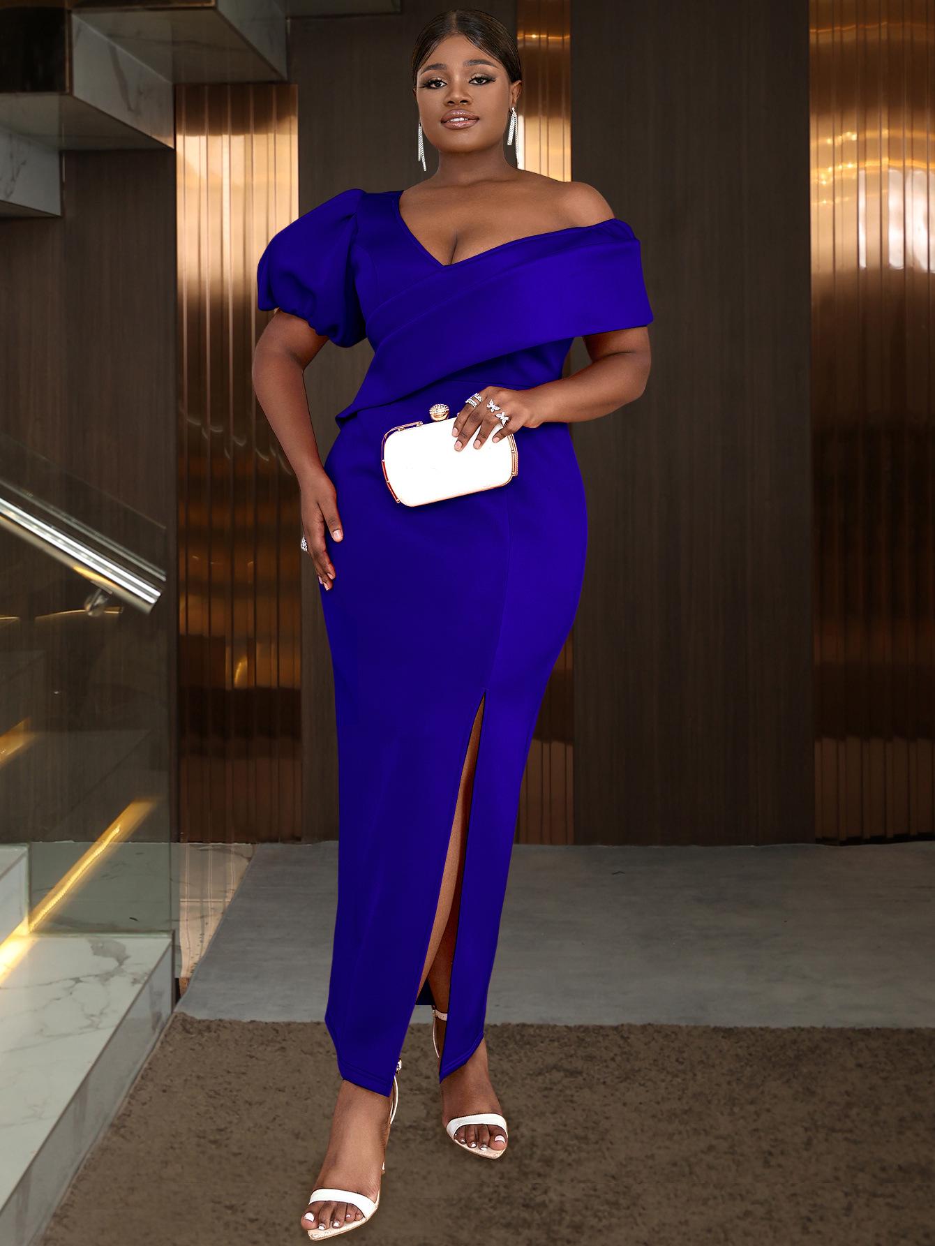 

Elegant Plus Size Off-the-Shoulder Evening Gown with Puff Sleeves and Slit 4XL синій
