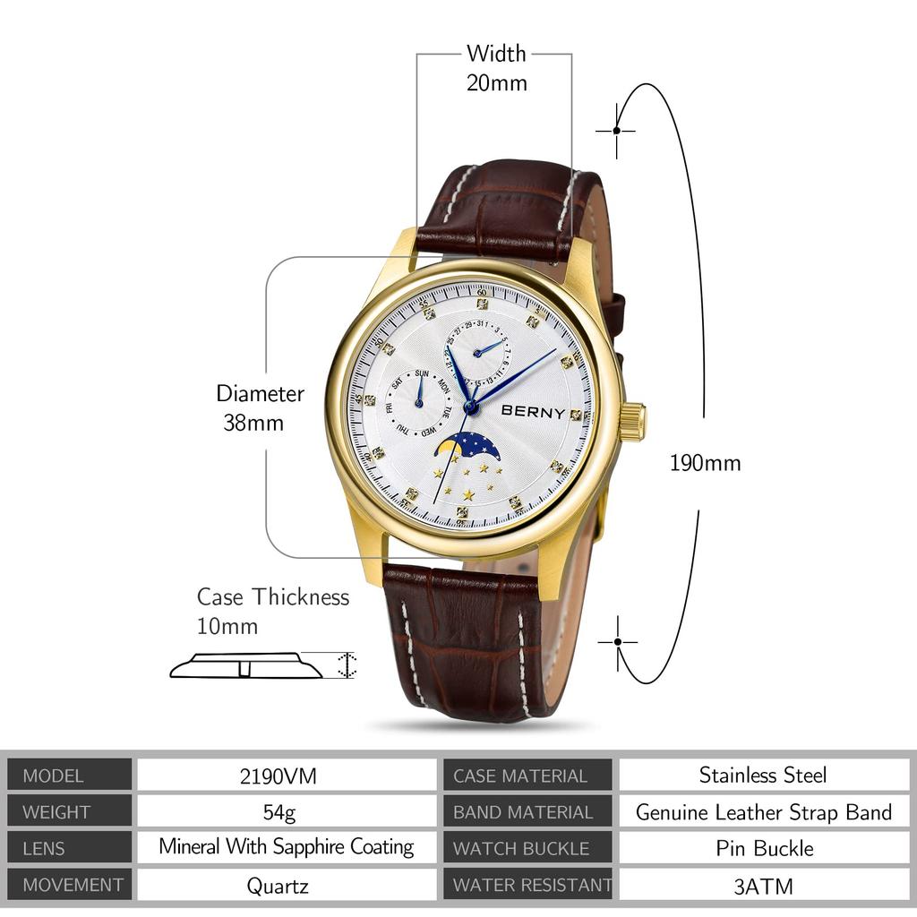 BERNY Men's Multifunction Quartz Watch with Calendar and Moon Phase, Stainless Steel Case and Leather Band, Black.
