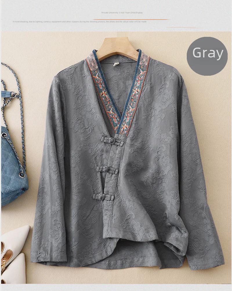 Damen Retro Chinesisch Besticktes Baumwoll-Leinen Langarm Hanfu Hemd