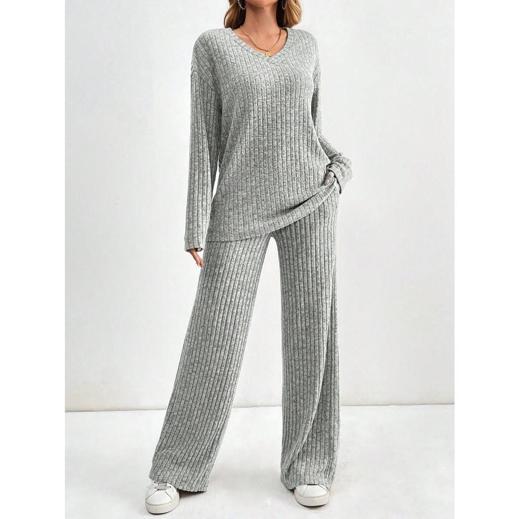 Conjunto de Ropa para el Hogar Casual de Moda para Mujer Otoño e Invierno con Rayas de Piqué y Arenado, Conjunto para Mujer Otoño e Invierno