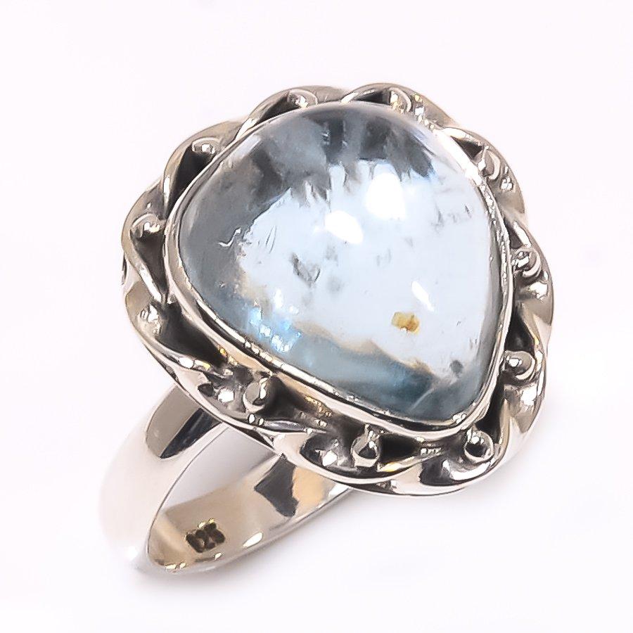 Natural Aquamarine Gemstone Handmade 925 Solid Sterling Silver Ring S.8.5 L5p29