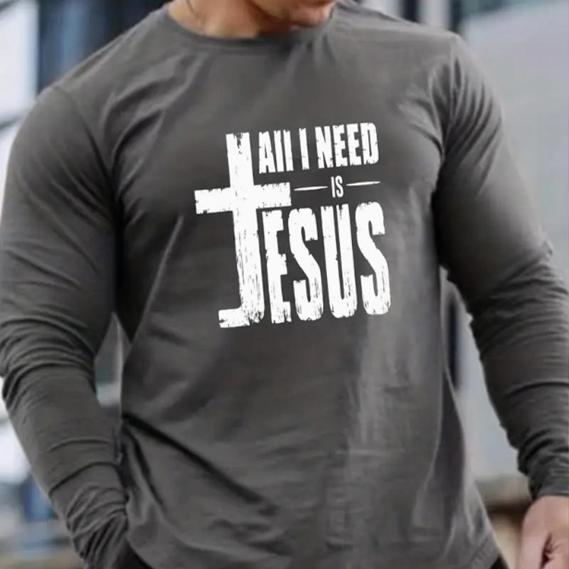 Cross Letters Print Men's Tshirts Long Sleeve Tees Round Neck Casual Pullover Men's Clothing Plus Size
