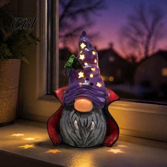 Lighted Halloween Ornaments Vampire Gnome Figurine, Resin Faceless Dwarf Statue with Purple Star Party Supplies Hat And Cape, Spooky Cute Ornament for