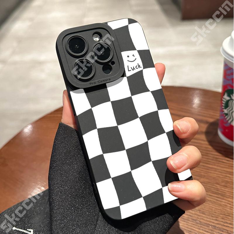 

White Grid Smiling Face Print Phone Case For iPhone 16 15 14 13 12 11 Pro Max Mini 7 8 Plus X XR XS Matte Shockproof Soft Cover iPhone 13 Mini