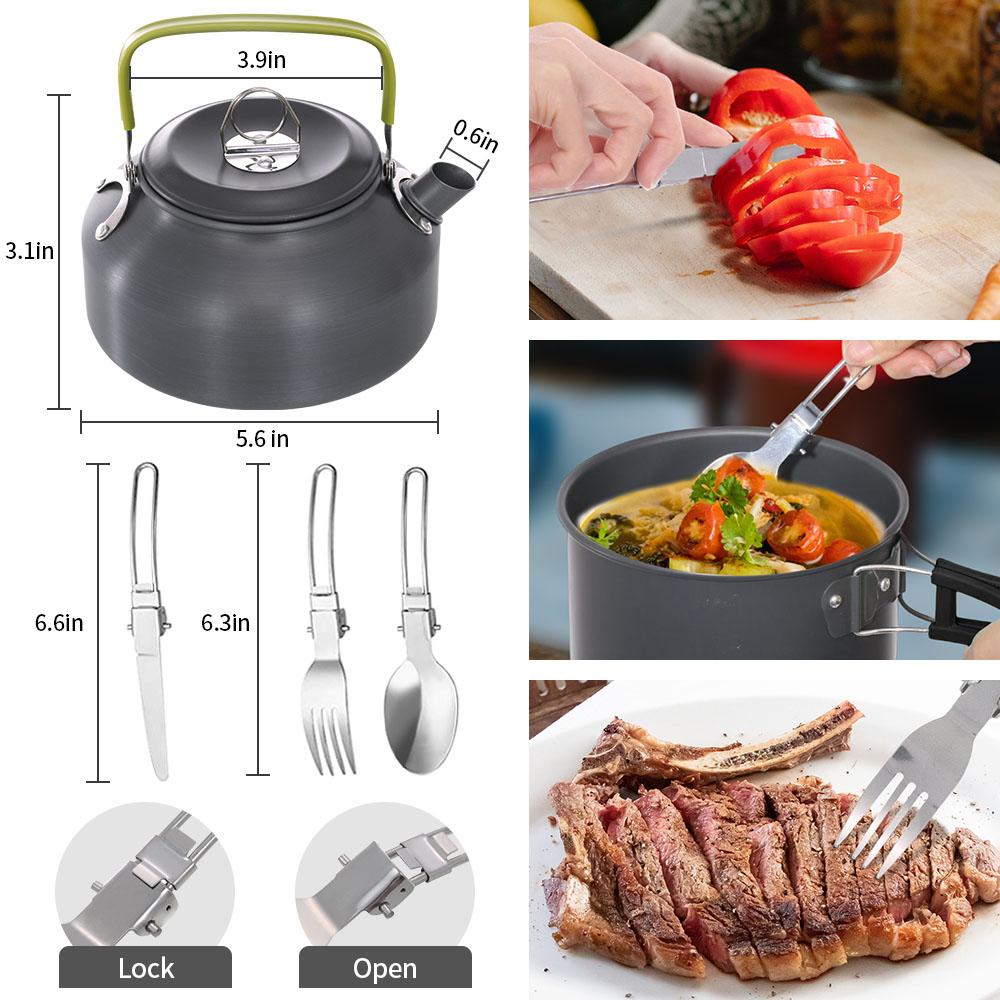 Camping Cookware Set Lightweight Portable Pan Kettle Cups Spoon Fork Cutter for Picnic Hiking Teapot Cookware Travel Cooking Set