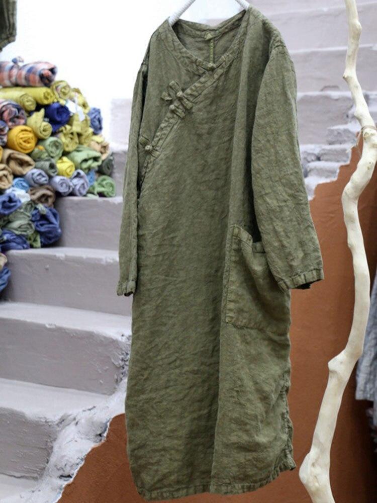 

Johnature жінки однотонні вільні лляні сукні з довгим рукавом Кишенькові сукні Пружинний одяг китайського стилю One Size зелений