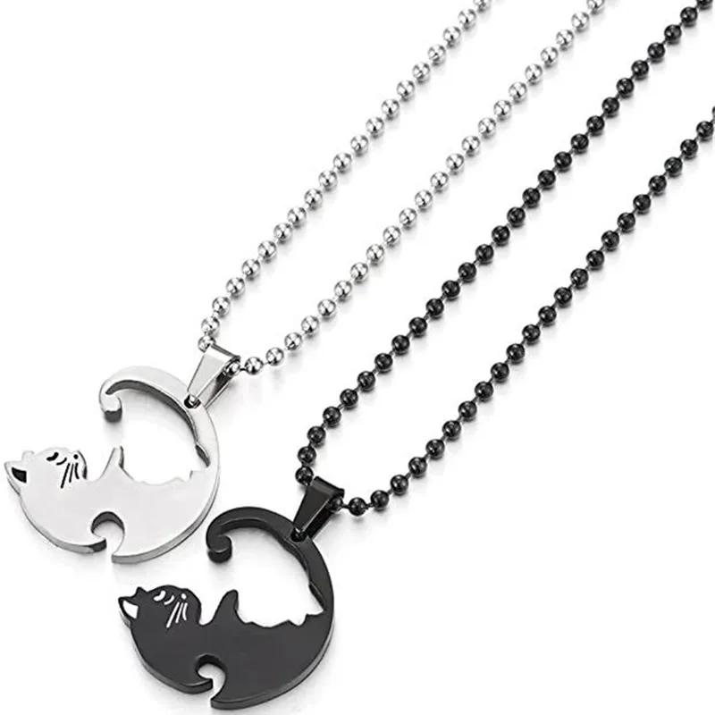 Couple Heart Necklace Cute Cartoon Cat Pendant Necklace Simple Color Black Animal Necklace Jewelry Gift For Girl Boys