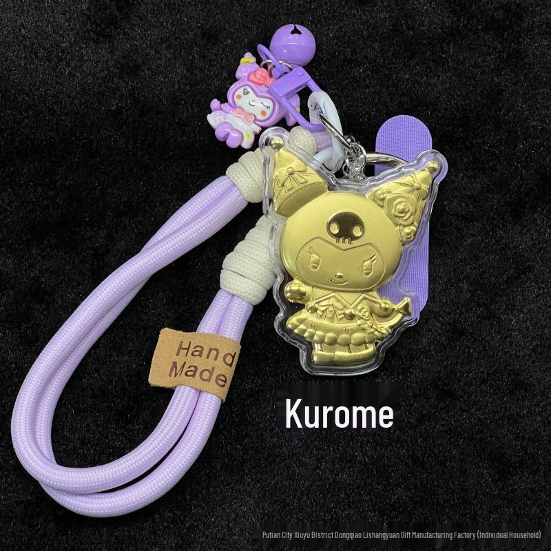 Pure Gold Sanrio Kuromi Cinnamoroll My Melody Keychain: Cute Cartoon Gold Flake Bag & Phone Strap Pendant