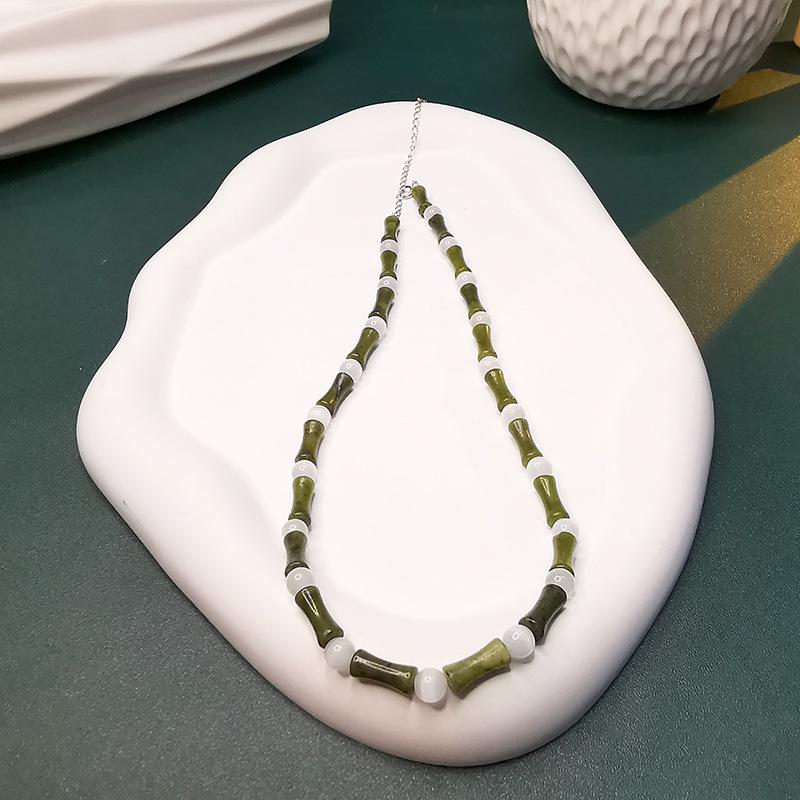 S925 Silver Bamboo-Style Necklace with Natural Olive Jade & Cat's Eye Beads: New Chinese Style for Men & Women