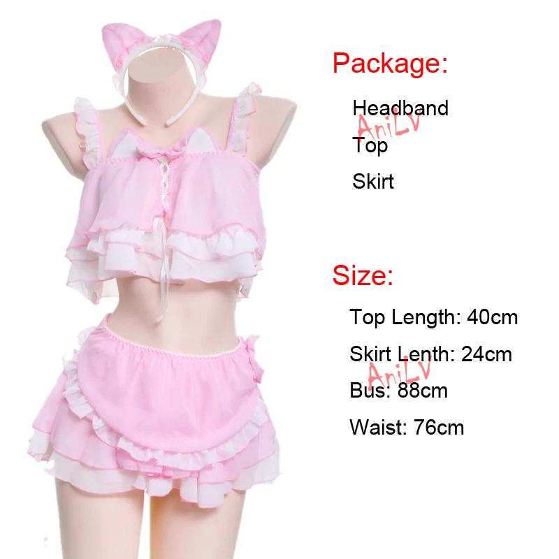 Sexy Dessous Anime Lolita Mädchen Dienstmädchen Katze Uniform Niedlich Rosa Katzenohren Chiffon Kleidung Dienstmädchen Outfit Cosplay Kostüm