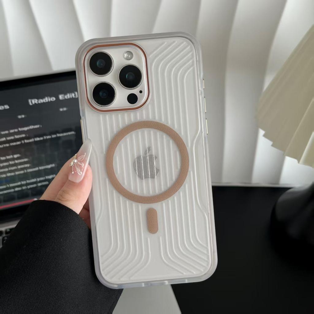 Semi-transparent Corrugated Anti-slip Frame Metal Button Magnetic Suction Phone Case Suitable for IPhone16Pro Anti-fall 15/14