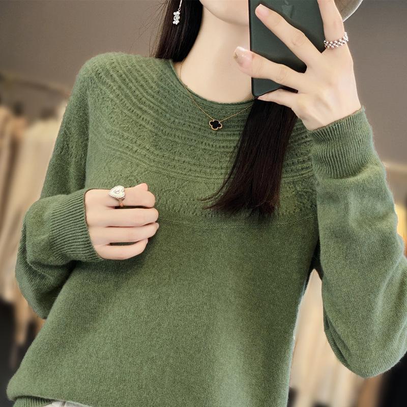 

Осенний новый стиль женский трикотажный пуловер с круглым вырезом и ажурной вязкой, бесшовный базовый слой для женщин, чтобы выглядеть стройнее XXL оливковое зеленый