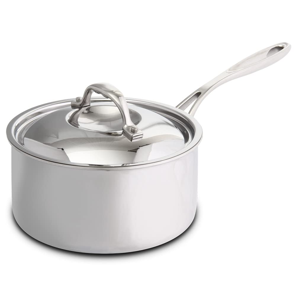 RUSTELA Commercial Stainless Steel Saucepan with Induction Dishwasher Safe Lid, 18cm, 2.5L Capacity, Three-Layer Construction, Compatible,