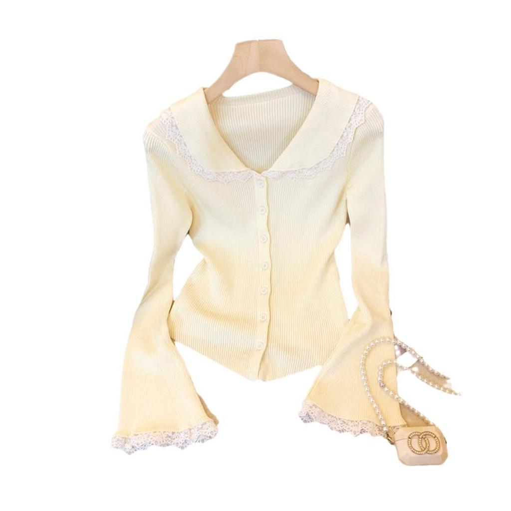 2024 Women's Autumn Knitted Cardigan: French Lace Peter Pan Collar, Bell Sleeves, Skirt Hem Crop Top