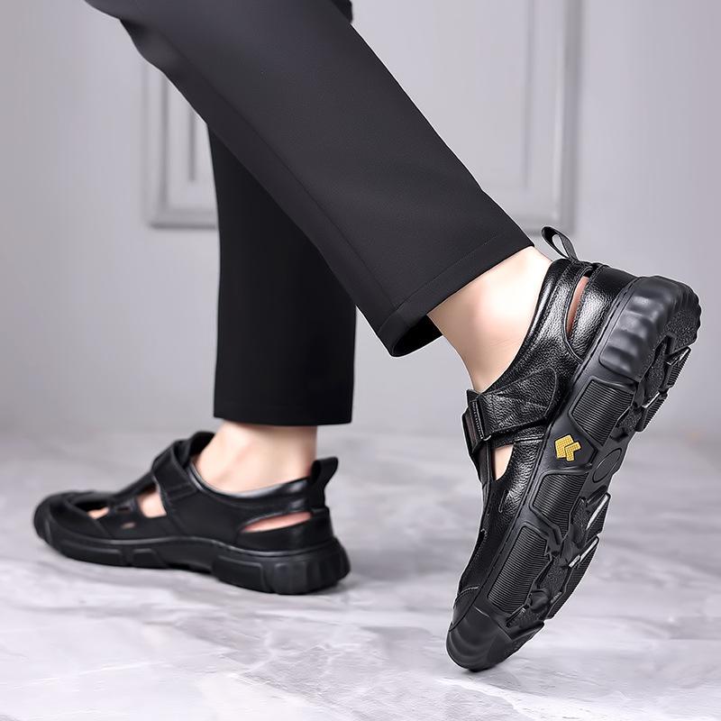 Men's sandals 2025 summer breathable hole shoes men's leather non-slip casual dad shoes durable rubber sole